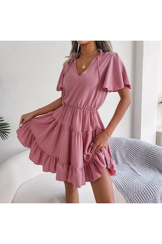 Gmxıa Kadın Modası Düz Renk Baskılı Yaz Bahar Kısa Kollu V Yaka Bol Günlük Elbiseler Pembe