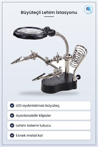 Led Işıklı Büyüteç Lehimleme İstasyonu Yardımcı Klipsli Masaüstü