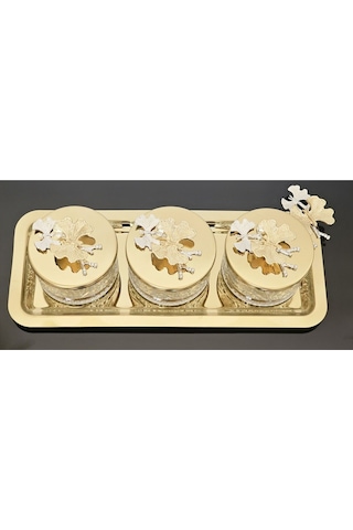 Atabey Home Collection 3'lü Kelebekli Gold Tepsili Kase Seti & Şekerlik & Sunumluk & Çerezlik