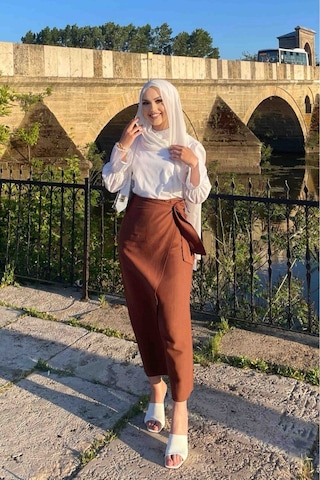 Qenz Fiyonk Bağlamalı Keten Etek - Kahverengi Kahverengi