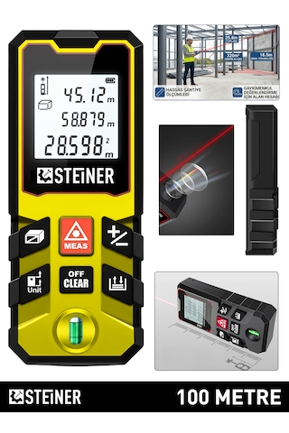 Steiner 100 Metre Su Terazili Uzunluk Alan Hacim Pisagor Ölçüm Cihazı Dijital Mesafe Ölçer Lazer Metre Sarı