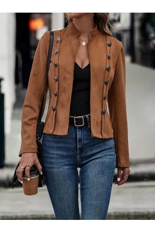 Kadın Uzun Kollu Hakim Yaka Yanlardan Düğmeli Kısa Süet Ceket Kahve