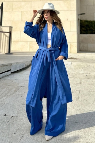 Kadın İndigo Çift Cepli Uzun Kimono & Bol Paça Pantolon - Salaş Alt & Üst Takım Indigo