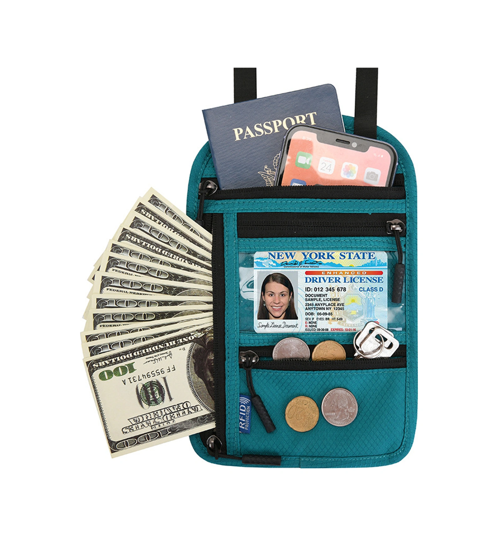 Yifomall Yolculuk Rfıd Koruma Nylon Askılı Cüzdan - Pasaport, Bilet Ve Belgeler İçin Ultra Hafif Gizli Saklama Çantası Göl Mavisi