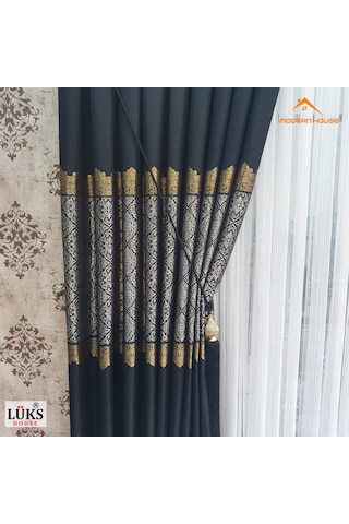 Lüks Siyah Fon Pano Perde Sık Pile Tek Kanat - Modern House Siyah