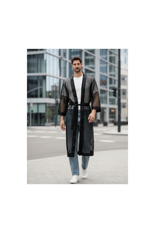 Qmen Style Erkek Kimono Takımı - 3 Lü File Set Bornoz + Pantolon + Şort Siyah