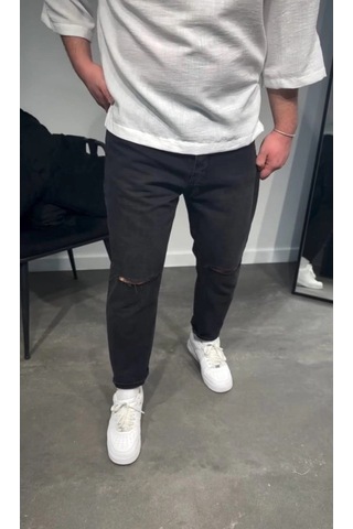Zenna Tarz Erkek Siyah Dizi Yırtık Boyfriend Jean