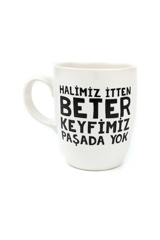 Halimiz İtten Beter Keyfimiz Paşada Yok Krem Oval Kupa - Hediye Seramik Kupa Açık Ahşap