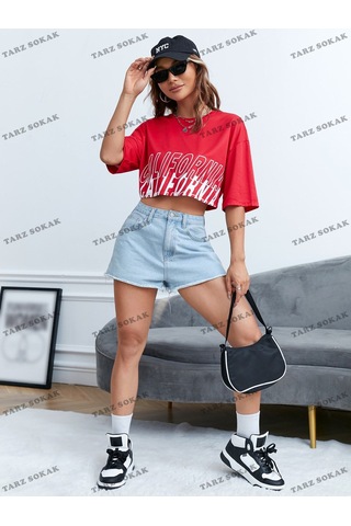 Flood Of Style Crop Ckod-232913 Grafikli Düşük Omuz Kısa Kırmızı