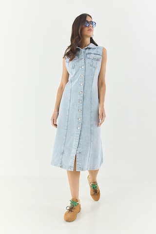 Shade Kadın Belden Oturan Cepleri Kapaklı Sıfır Kollu Düğmeli Denim Elbise 3575 60283288 - Buz Mavisi