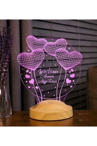 Anneye Hediye, İsimli Anneler Günü Hediyesi, Anneye Doğum Günü Hediyesi Balon Kalpler Küre Kişiye Özel 3D Led Lamba