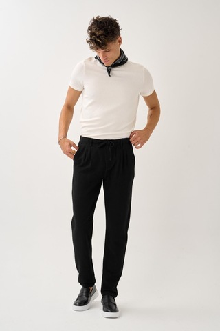 Alexandergardi Regular Fit Beli Lastikli Keten Pantolon Siyah