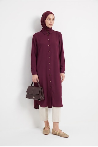 Armine Trend Düğme Detaylı Gömlek Yakalı Uzun Tunik Mürdüm 26yt484