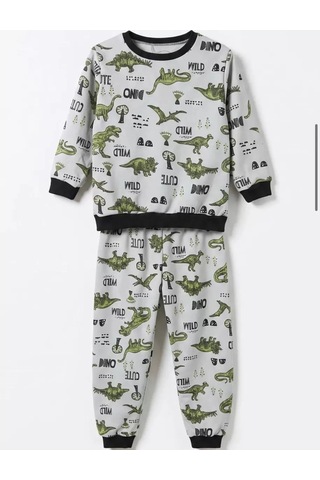 Veraura Lifestyle 4/10 Yaş Dino Baskılı Pamuk Penye Çocuk Pijama Takımı Gri