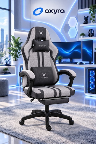 Oxyra Toney Premium Ergonomik Terletmez Kumaş Ayak Destekli Gri Oyuncu Koltuğu GRi Siyah