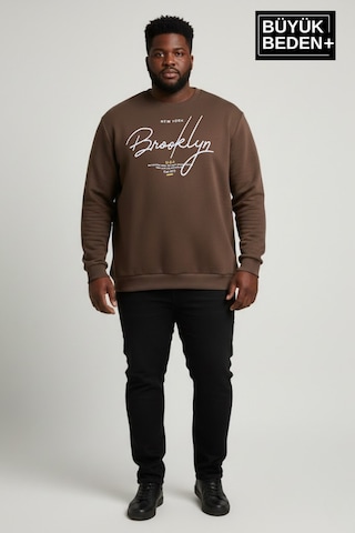 Süperlife Erkek Büyük Beden El Yazılı Brooklyn Baskılı Bisiklet Yaka İnce Sweatshirt Spr26bsw956-6 Kahverengi