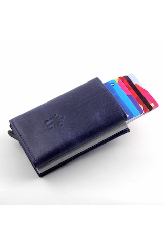 Ancora Leather Crazy Hakiki Deri Erkek Cüzdanı Mekanizmalı Laci Lacivert