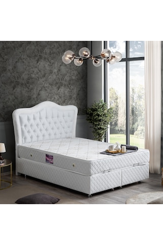 Setaymobilya Baza, Camelli Çift Kişilik Beyaz Baza + Başlık + Deluxe Yatak