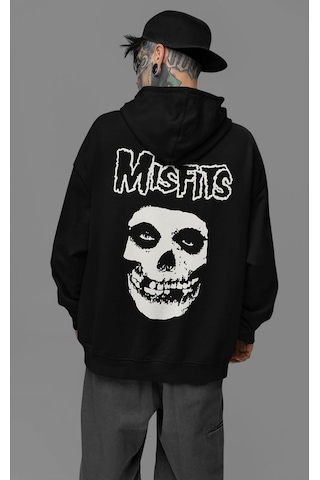Sevbano Misfits Müzik Grubu Baskılı Unisex Oversize Rock Metal Hoodie Siyah