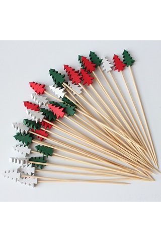 Yaozixa Yeşil Çam Gövde Desenli Tek Kullandım Meyve Çatalı 12cm 100 Adet/paket Fabrika Satışı