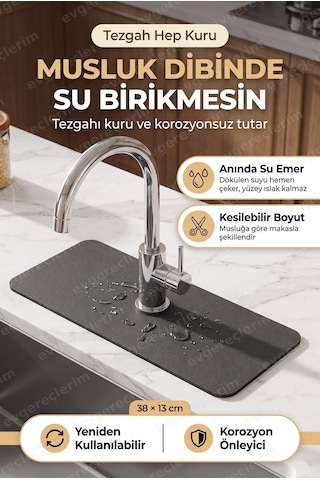Su Emici Sihirli Lavabo Musluk Kenar Matı Kaymaz Mutfak Banyo Paspas 38x13 Cm Gri