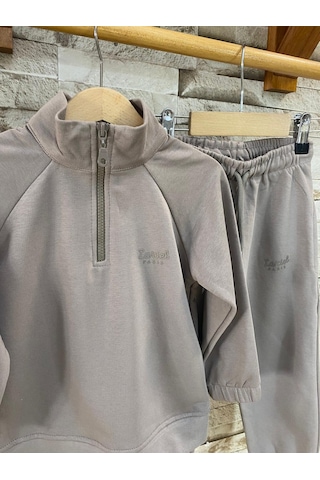 Lacıel Parıs Dik Yaka Kabartma Logolu Çocuk Eşofman Takım Kahverengi