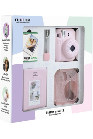 Fujifilm Instax Mini 12 Fotoğraf Makinesi + 10'lu Film + Simli Pleksi Kılıf + Pvc Albüm + Kıskaçlı Standı Pembe