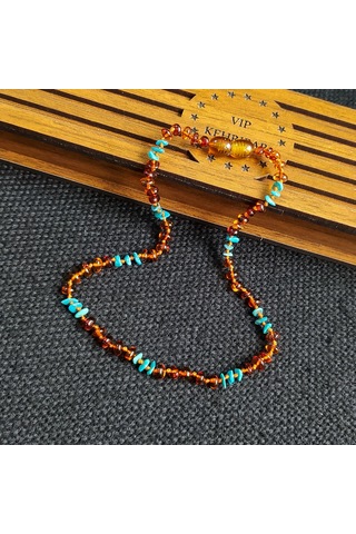 Sertifikalı Konyak Turkuaz 35 cm Kız Erkek Bebek Diş Kolyesi Çok Renkli
