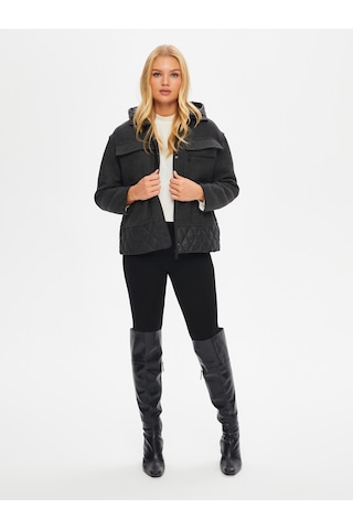 Kapitone Kapüşon Garnili Astarsız Kısa Kaban 69424 U6942413 Antrasit