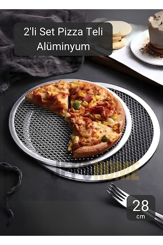 2li Set Pizza Tepsisi Alüminyum Pizza Teli Lahmacun Tepsisi 28 Cm Gri