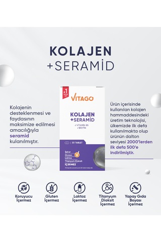 Vitago Premium Hidrolize Kolajen Seramid ve Biotin İçeren Takviye Edici Gıda 30 Tablet