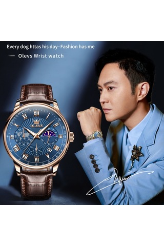 Olevs 2893 Erkekler Çok Fonksiyonlu İş Kuvars Saati Kahverengi + Mavi