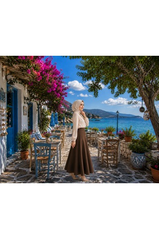 Feyece Kadın Kahverengi Örme Scuba Krep Tesettür Ve Günlük Etek Boy:94-95cm