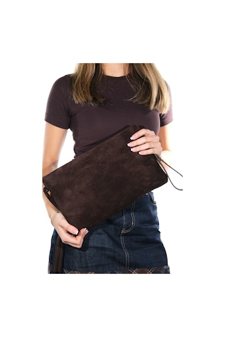 Morden Kahverengi Süet Hakiki Deri Kadın Clutch Çanta Kahverengi