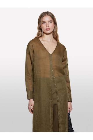 Sisley %100 Rami Manşetli V Yaka Uzun Gömlek Kadın Yeşil Gömlek - 325p5xjzlq096 Haki Yeşili