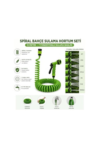 Orret Home 15 Metre Spiral Bahçe Sulama Hortumu Seti, 7 Fonksiyonlu Sprey Tabancalı Uzayabilir Kompakt Hortum,pratik B