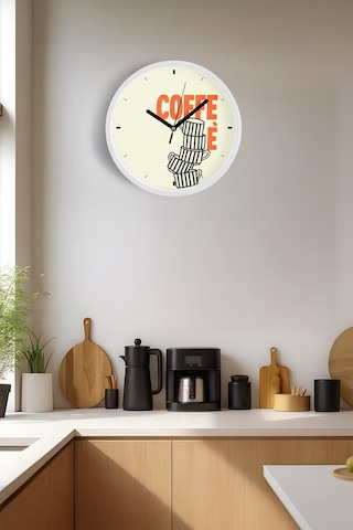 Modern Yazılı Tasarım - '' Coffee '' Mutfak Duvar Saati - 42cm - Önü Camlı Beyaz Kasa Beyaz
