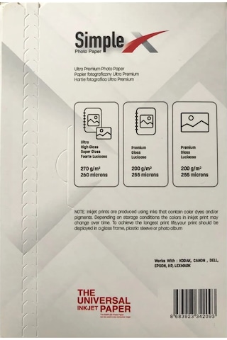 Simplex Ultra Premium 10x15 Parlak 270 Gr 100 Lük Fotoğraf Kağıdı