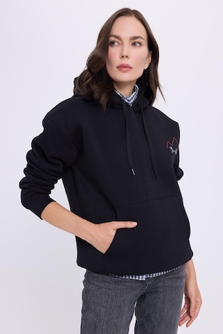 Tudors Kadın Oversize Geniş Kesim Pamuklu Yumuşak Dokulu İçi Polarlı Baskılı Siyah Kapüşonlu Sweatshirt-41535 SiYAH