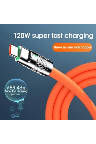 T-Max 3 In1 Süper Hızlı 120 W 6A Type-C + Micro USB + Lightning Şarj Kablosu Turuncu