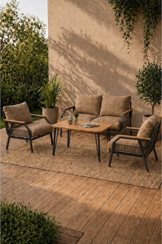 Daisy Antrasit 2+1+1 Masalı Kahverengi Bahçe Balkon Takımı Makrome Örgülü Fermuarlı Metal Kanepe Seti Kahverengi