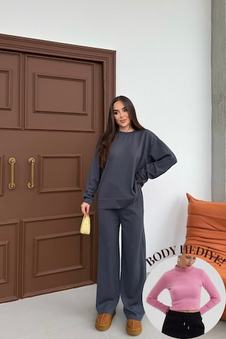 Mezka Basic Yumuşak Premium Kumaş Uzun Beli Lastikli Bol Paça Modal Alt-üst Takım Füme