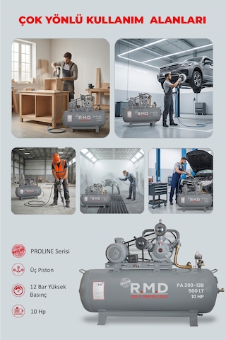 R.m.d Kompresör Pistonlu Hava Kompresörü 500 Lt 3 Kafa 12 Bar 10 Hp I Paı390ı12b