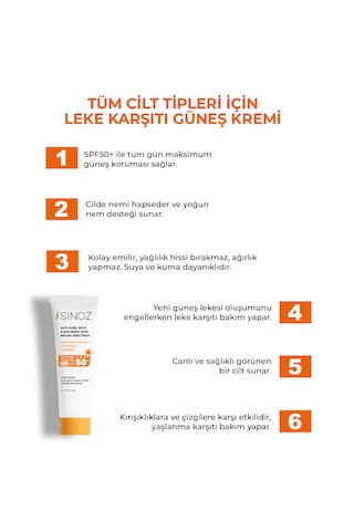 Sinoz Leke Karşıtı Yüksek Koruyucu Normal ve Kuru Ciltler İçin Yüz Güneş Kremi SPF50+ 50 ML