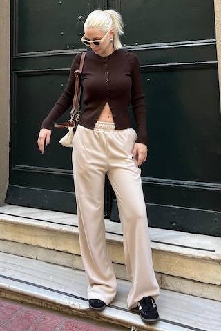 Madmext Bej Beli Lastikli Yüksek Bel İspanyol Paça Triko Eşofman Mg2211 Bej