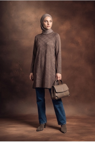 Armine Trend Geometrik Desenli Bisiklet Yaka Uzun Kollu Rahat Kesim Tunik Mocha 26ktd411