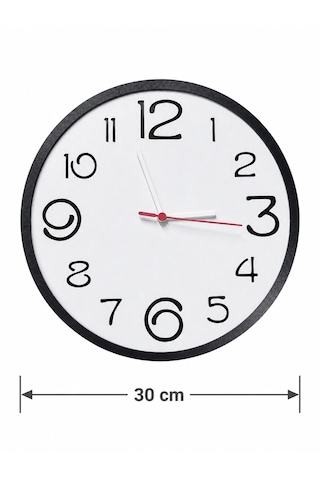 Modern Sessiz Dekoratif 30 Cm Yuvarlak Duvar Saati Beyaz - Siyah