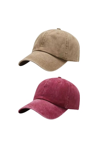 Tezzgelsin Unisex Eskitme Vintage Pamuklu Ayarlanabilir Beyzbol Kep Şapka 2'li Set Camel - Kırmızı