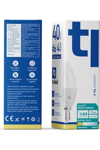 Redeem C37S E14 Mum Ampul, Titreşimsiz, Göz Konforu, 524 Lümen, Tatlı Beyaz, 3500 Kelvin
