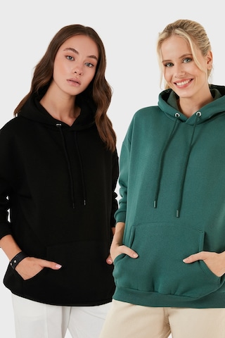 Lela Regular Fit Pamuklu Kapüşonlu Yaka Şardonlu Kışlık 2'Li Paket Bayan Sweat 5863854S2 Nefti-Siyah